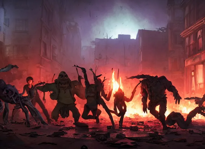 Image similar to a battle in the ruined streets at night between 3 d pixar disney zombies and 3 d heroic survivor in the style of pixar walkind dead, being lit by fireflames, medium shot, studio ghibli, pixar and disney animation, sharp, rendered in unreal engine 5, anime key art by greg rutkowski, bloom, dramatic lighting