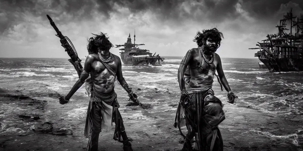 Image similar to sri lankan mad max style on a ship, ocean, film still, epic shot cinematography, rule of thirds