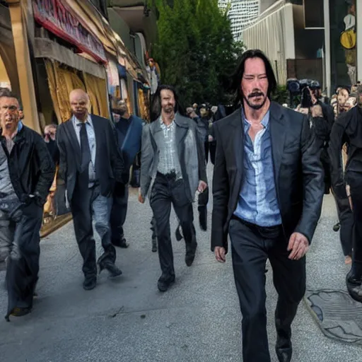 Image similar to ten keanu reeves standing in a row, highly detailed, extremely high quality, hd, 4 k, 8 k, professional photographer, 4 0 mp, lifelike, top - rated, award winning, realistic, detailed lighting, detailed shadows, sharp, no blur, edited, corrected, trending