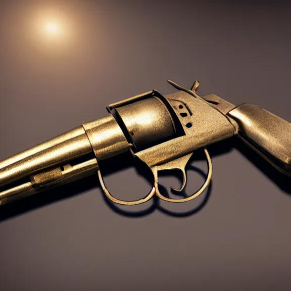 Image similar to a 4 k photorealistic photo medium shot of a bronze statue of a revolver gun.