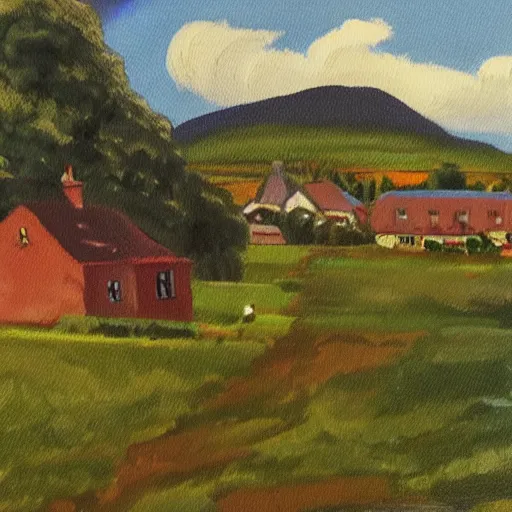 Image similar to painting of a small town in rural Ireland in the style of Aleksander Rostov