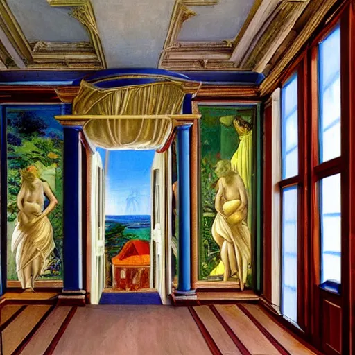 Image similar to giant mansion room 4 stories tall with balconies and windows, walls filled with modern art paintings, doors that are cosmic portals, painting by Botticelli