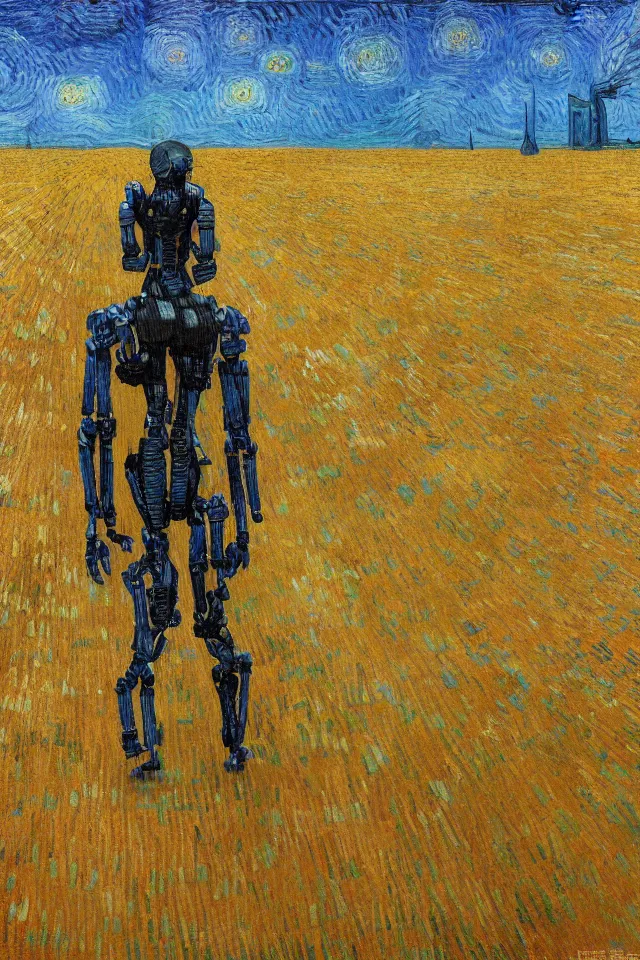 Image similar to concept art of the back view of one humanoid robot on the ground, many distant big tall buildings far away, vast wheat fields, by van gogh, godrays, atmospheric, cinematic, distant world, wide angle, detailed