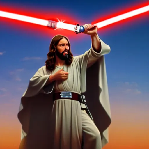 Prompt: jesus christ holding a lightsaber in star wars, 4 k, high resolution, still, landscape, hd, dslr, hyper realistic