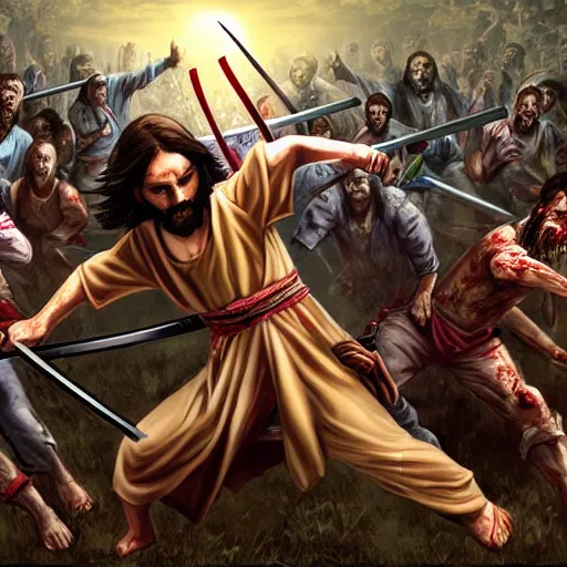 Image similar to jesus christ holding a katana and fighting a horde of zombies, 4 k, high resolution, still, landscape, hd, dslr, hyper realistic