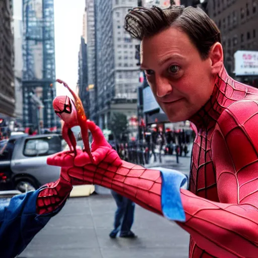 Image similar to toby maguire as spiderman enjoying a fresh pepperoni pizza in new york