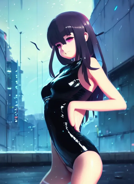 Image similar to portrait of cute girl in latex clothes, night city background illustration concept art anime key visual trending pixiv fanbox by wlop and greg rutkowski and makoto shinkai and studio ghibli and kyoto animation