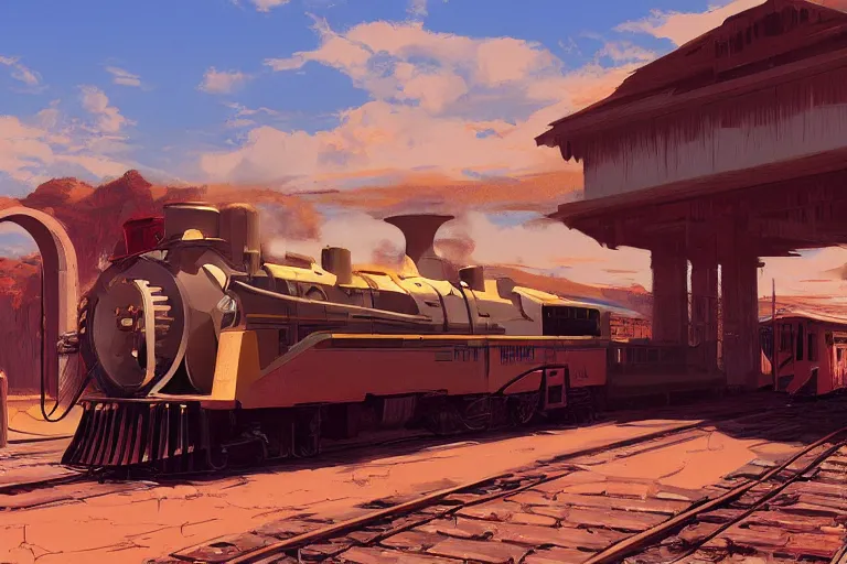 Image similar to idyllic old western train station illustration by syd mead artstation 4 k graphic novel concept art matte painting