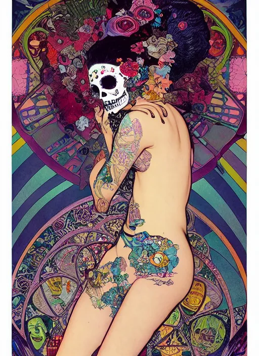 Image similar to cute punk goth fashion fractal Día de los Muertos tattooed hologram girl posing, psychedelic poster art of by Victor Moscoso Rick Griffin Alphonse Mucha Gustav Klimt Ayami Kojima Amano Charlie Bowater, masterpiece