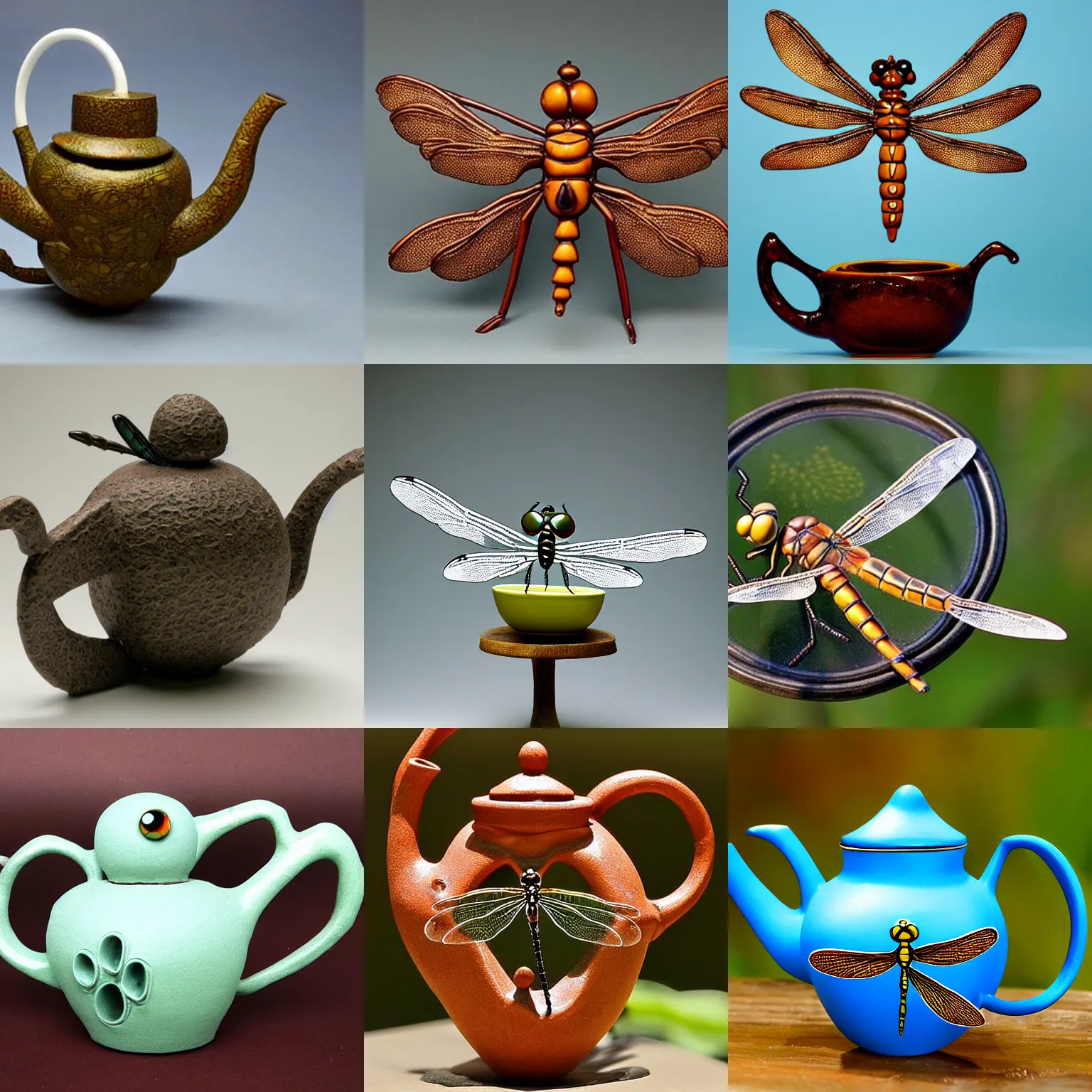 Prompt: Dragonfly-shaped, dragonfly-like, a bespoke dragonfly-formed teapot in the shape of a dragonfly, that looks like a dragonfly, that has the form of a dragonfly, dragonfly-shaped