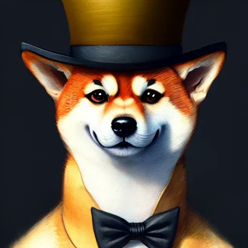 Image similar to portrait painting of a cute shiba inu gentleman with top hat, ultra realistic, concept art, intricate details, eerie, highly detailed, photorealistic, octane render, 8 k, unreal engine. art by artgerm and greg rutkowski and charlie bowater and magali villeneuve and alphonse mucha