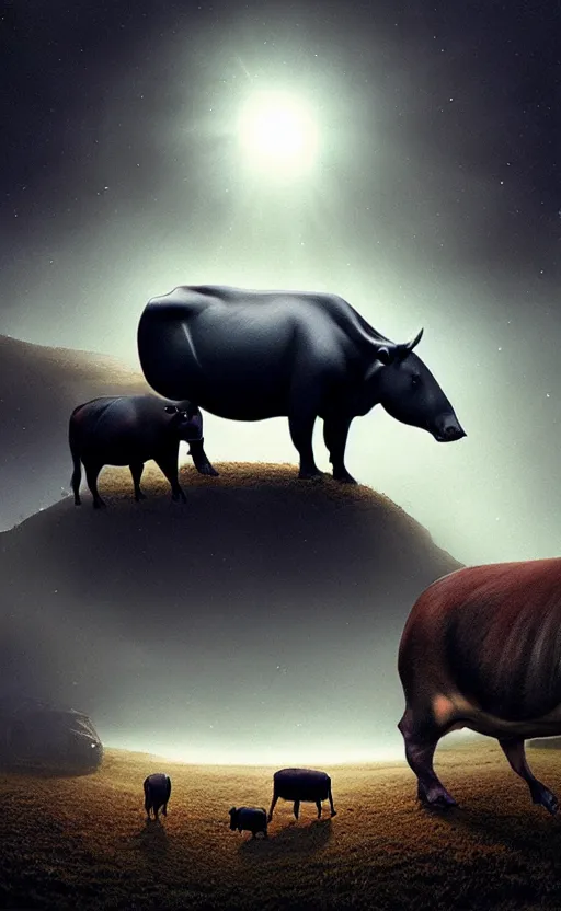 Prompt: tapirs and cows, glitch art, interstellar, beautifully lit, by gerald brom, artstation, unreal engine