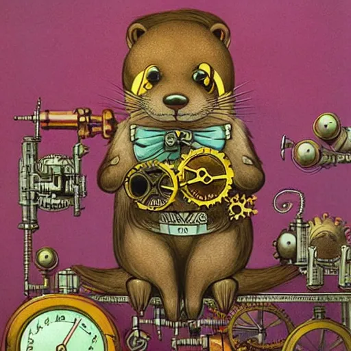 Image similar to steampunk otter inventor, fantasy illustration, Louis William Wain