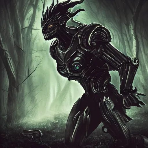 Image similar to extremely detailed artwork of an armored dark figure in a dark evil forest, super sayan, glowing hands, Sauron, Ultron, speedster, fantasy art, fog, heavy armor, knights armor, cinematic pose, pose