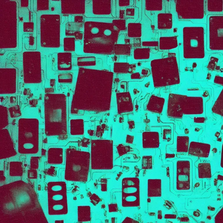 Image similar to boards of canada exposed circuit boards, film photo, soft lighting album cover, nostalgia, turquoise gradient
