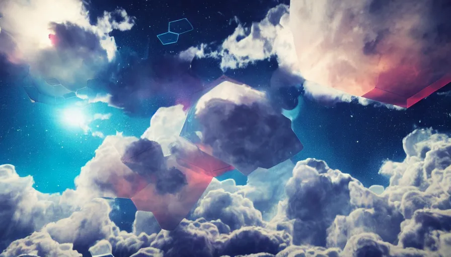 Image similar to hexagon floating in space, colorful clouds below, solar eclipse, matte painting, trending on artstation, realistic, octane render, cinematic, epic