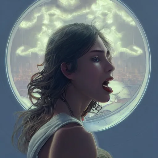 Image similar to giantess woman swallowing a person whole, intricate, highly detailed, digital painting, artstation, concept art, smooth, sharp focus, illustration, unreal engine 5, 8 k, art by artgerm and greg rutkowski and alphonse mucha