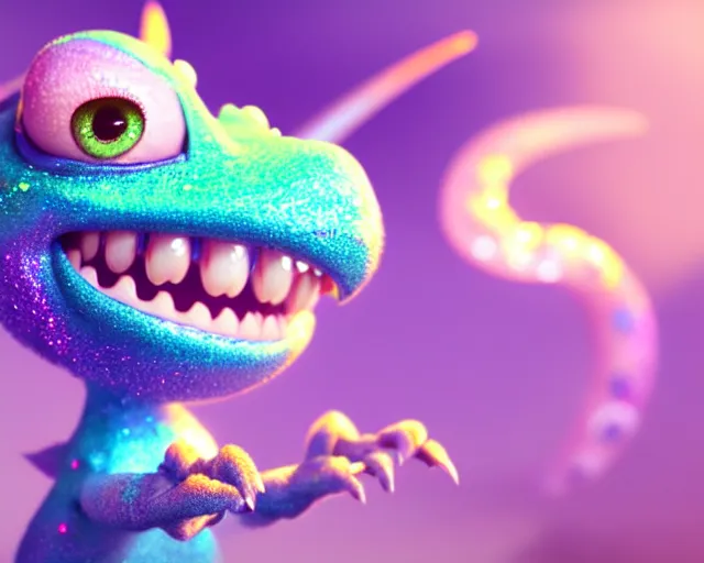 Image similar to character design of a cute baby dragon, big eyes, soft scale texture, pastel colours, colorful, shiny glitter crystals, cute, adorable, pixar animation style, detailed, soft light, octane render, cute, 4 k,