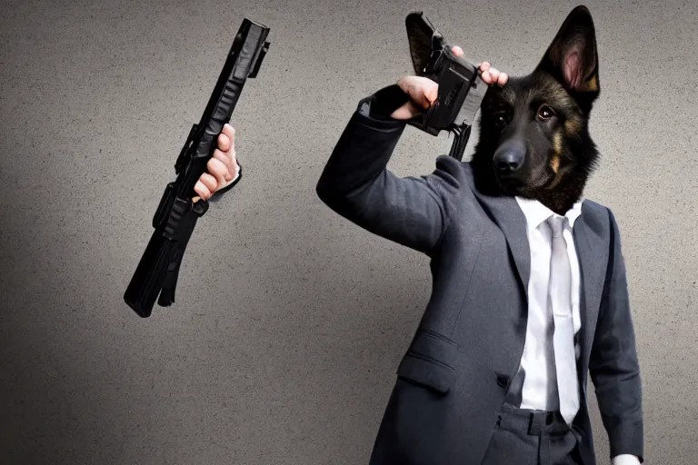 Prompt: film still of furry anthro anthropomorphic german shepard head animal person fursona wearing clothes a suit and tie standing holding a gun in a garage in an action movie posing for the camera 2020, 4k