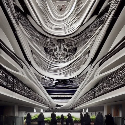 Prompt: Mars art center designed by Zaha Hadid with baroque elements. Ultra futuristic design that combines ornate baroque with clean organic forms.. Beautiful, enormous space with epic details