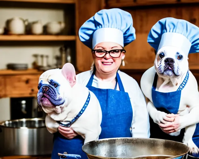 Image similar to a 8k highly detailed still photo by David Bailey of Two blue merle French Bulldogs in chef hats and aprons starring on a cooking show, a high end kitchen in the background