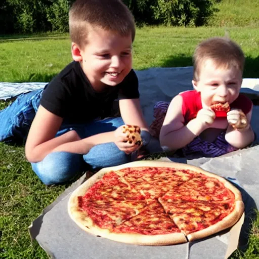 Image similar to gabriel and dresden eating pizza, outside park, sunny day, kids playing