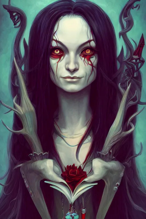 Image similar to portrait of a witch, american mcgee's alice, sharp focus, artstation, trending, by julie dillon, luis melo, tyler miles lockett, lei jin, hong lei, ken wong, adam narozanski, joy ang