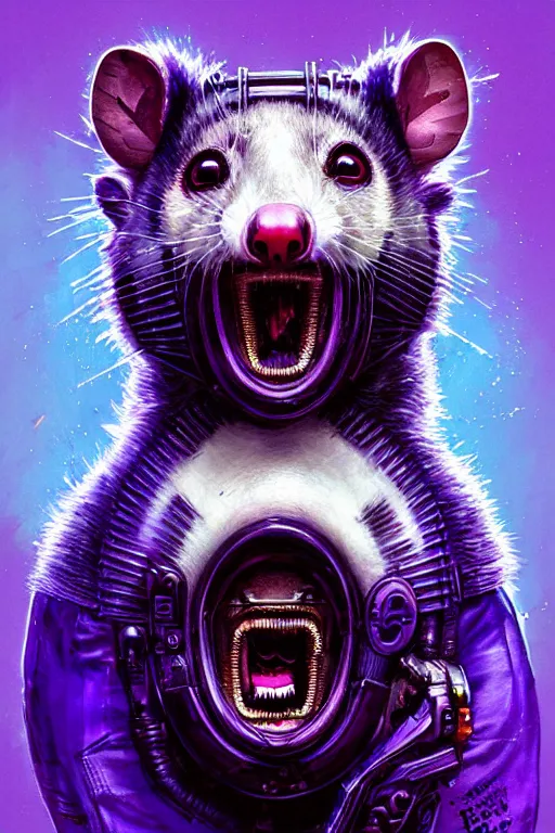 Image similar to a beautiful portrait of a cute cyberpunk opossum screaming by sandra chevrier and greg rutkowski and wlop, purple blue color scheme, high key lighting, volumetric light, digital art, highly detailed, fine detail, intricate, ornate, complex, octane render, unreal engine, photorealistic