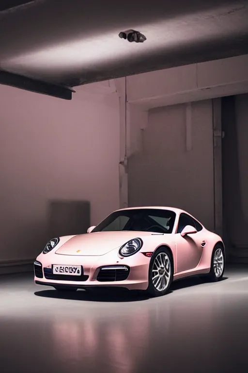 Image similar to Portrait of a light pink Porsche 911 Carrera 3.2, spotlight, in a dark room, photoshoot for vogue magazine.