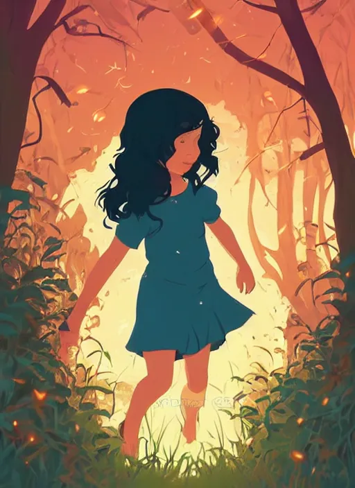 Image similar to little girl with short wavy curly light brown hair chasing fireflies in the woods. clean cel shaded vector art. shutterstock. behance hd by lois van baarle, artgerm, helen huang, by makoto shinkai and ilya kuvshinov, rossdraws, illustration, art by ilya kuvshinov