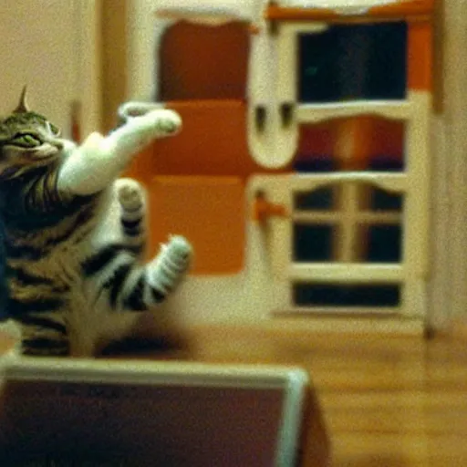 Image similar to Hilarious cat tries to catch a laser dot, VHS tape still, 1993