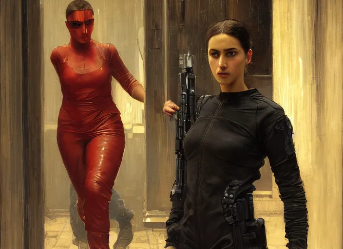 Prompt: sophia evades sgt Griggs. Cyberpunk hacker wearing jumpsuit escaping police troopers (blade runner 2049). Gorgeous face. Iranian orientalist portrait by john william waterhouse and Edwin Longsden Long and Theodore Ralli and Nasreddine Dinet, oil on canvas. Cinematic, hyper realism, realistic proportions, dramatic lighting, high detail 4k
