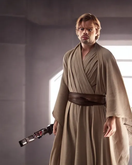 Image similar to sebastian stan portraying a beautiful luke skywalker grand master jedi from star wars legends, in a jedi robe, without lightsaber, movie, hyper realistic, hollywood promotional image, imax, 8 k