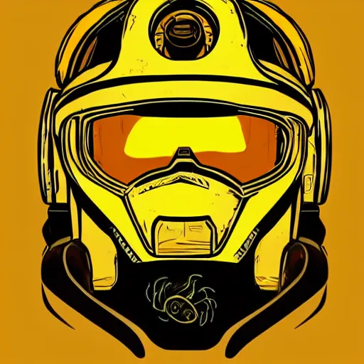 Image similar to helmet lion cyberpunk made of yellow lava and fire in borderlands 3 style, illustration, vector art, drawing, mecha, epic size, epic scale, macro art