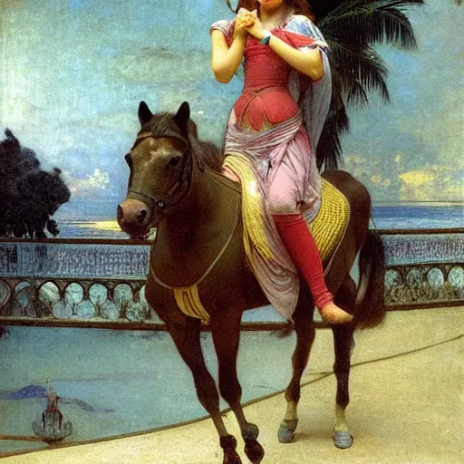 Image similar to Girl riding a horse leaving the palace through the bridge, thunderstorm, pool, beach and palm trees on the background major arcana sky, by paul delaroche, alphonse mucha and arnold böcklin arnold böcklin hyperrealistic 8k, very detailed