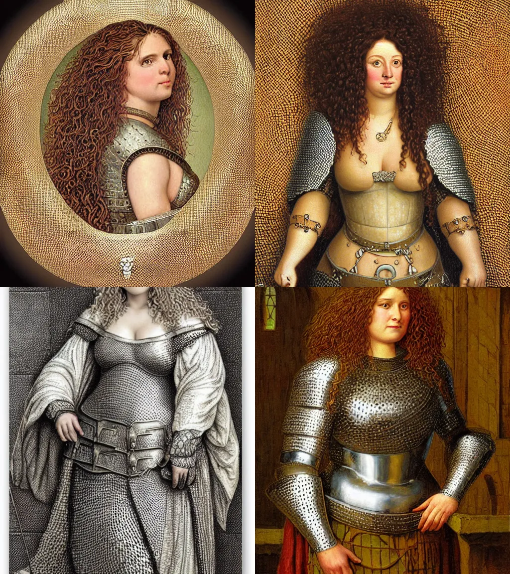 Prompt: a big and strong medieval woman wearing chainmail armor| long wavy curly hair | round and robust body woman | portrait by johfra bosschart