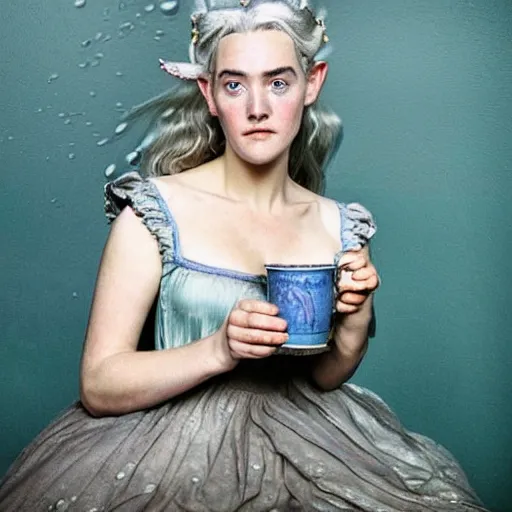 Prompt: A 18th century, messy, silver haired, (((mad))) elf princess (look like ((young Kate Winslet))), dressed in a ((ragged)), wedding dress, is ((drinking a cup of tea)). Everything is underwater! and floating. Greenish blue tones, theatrical, (((underwater lights))), high contrasts, fantasy oil canvas, inspired by John Everett Millais's Ophelia