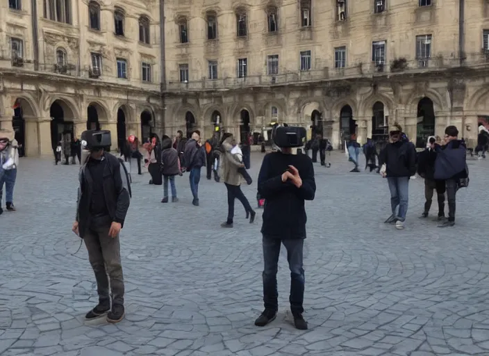 Image similar to a city square and everyone in the city square is wearing a vr headset ignoring each other