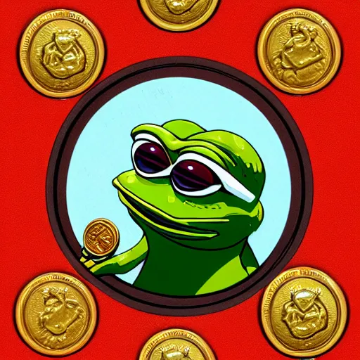 Image similar to super rich happy pepe, coins, gold, crystals, greg rutkowski