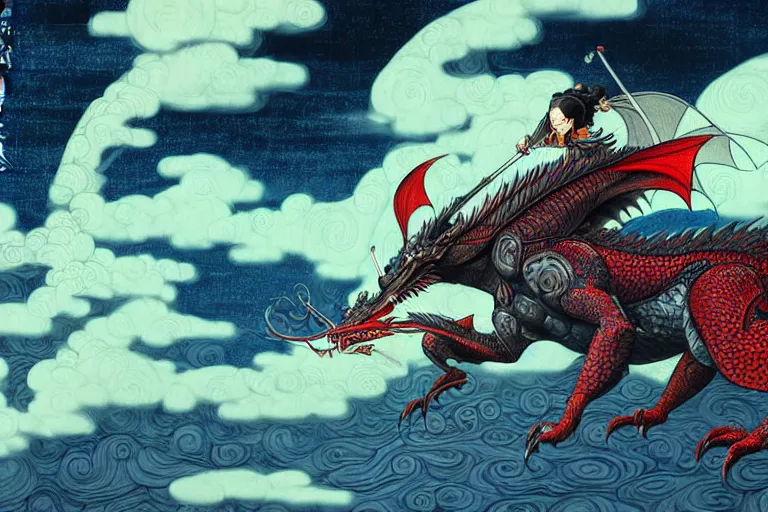 Image similar to dragon rider, photoillustration ink drawing acrylic art digital illustration oil on canvas photorealistic polished sci - fi ukiyo - e david rios ferreira filmic stock photo landscape polished photorealistic