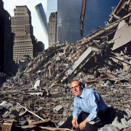 Image similar to a closeup a very drunk evil Rudy Giuliani squatting smiling wearing black thog underwaer while covering himself with rubble sensully on top of the world trade center rubble pile in new york