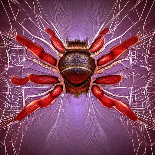 Image similar to symmetrical features, magical realism, texture, intricate, ornate, royally decorated, follicle, tiny sticks,small insects, water drops,sap,spider web, purple veins, whirling smoke, embers, red adornements, radiant colors, trending on artstation, volumetric lighting, micro details, 3d sculpture, ray tracing, 8k