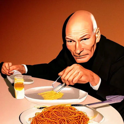 Prompt: patrick stewart eating spaghetti in strip club concept art, ultra realistic, digital art, rich deep colors, smooth shadows, high resolution, cinematic