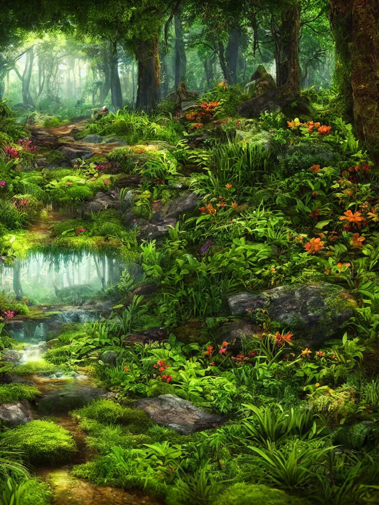 Prompt: nature garden in a forest very coherent symmetrical artwork, cinematic, hyper realism, high detail, octane render, unreal engine, 8k, Vibrant colors, Smooth gradients, High contrast, depth of field, aperture f1.2