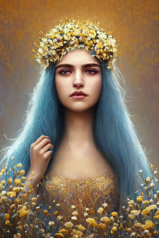 Image similar to a pale Iranian girl with white hair, floral crown, sad blue eyes, cinematic lighting, ultra detailed, highly detailed, sharp focus, golden background with flowers, golden jewellery with blue sapphires, photographic, art by artgerm and greg rutkowski and zdislav beksinski