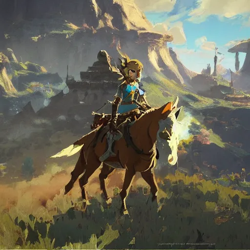 Prompt: breath of the wild screenshot painted by craig mullins,