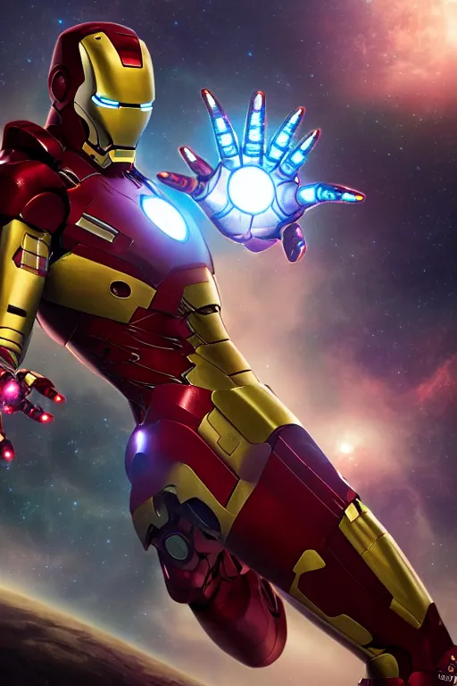 Image similar to iron man floating in space letting go of reality and experiencing the quantum feild, matte painting comic book art, cinematic, highly detailed, realistic, beautiful cosmic neural network, octane render, unreal engine, depth of field, trending on artstation, sharp focus, philosophical splashes of colors