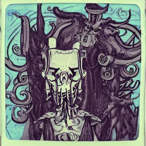 Prompt: horrible eldritch god at a sunday brunch, in the style of a polaroid photo