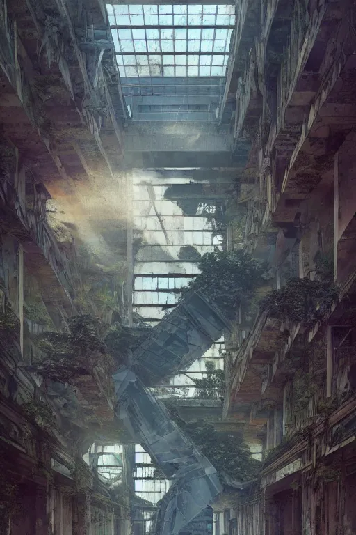 Image similar to i climb up on the endless stairs inside this decayed hitech brutalist building, rays of lights breaking through the holes in the walls, ruined litter, monumental, global illumination, by rhads and ferdinand knab and makoto shinkai and alphonse mucha