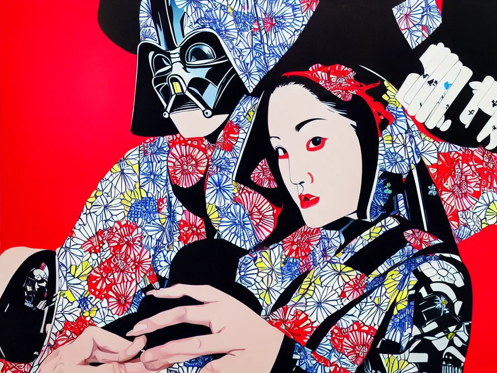 Prompt: hyperrealism composition of the detailed woman in a japanese kimono sitting at an extremely detailed poker table with darth vader, fireworks on the background, pop - art style, jacky tsai style, andy warhol style, acrylic on canvas